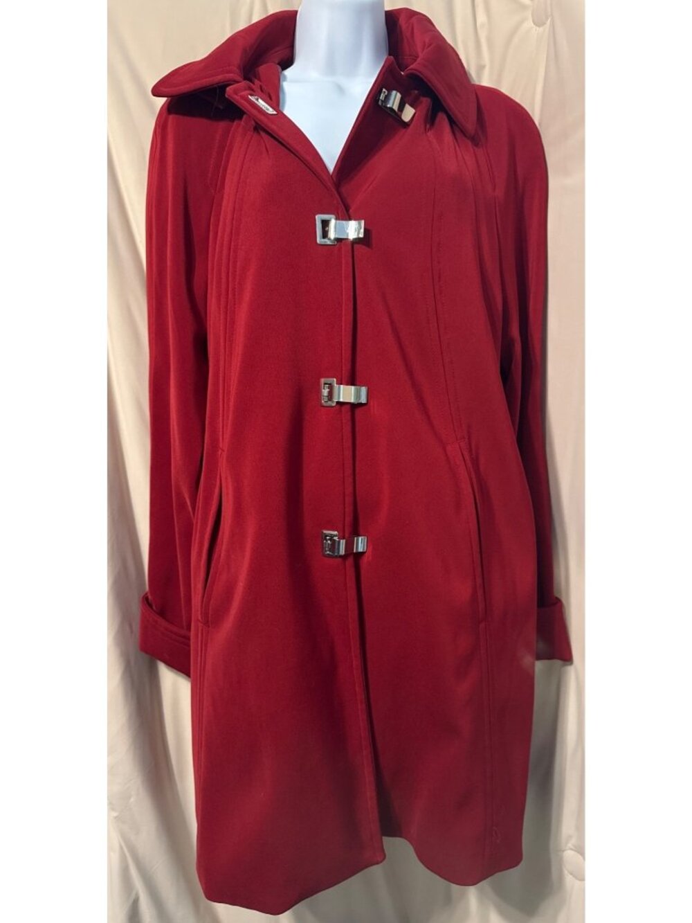 London Fog Red Trench Rain Coat Hooded Metal Toggles LG